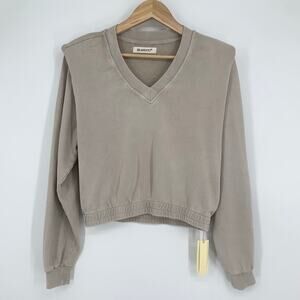 Blank NYC Shoulder Pad Sweatshirt Cropped V-neck Pullover Strong Shoulder Top, M